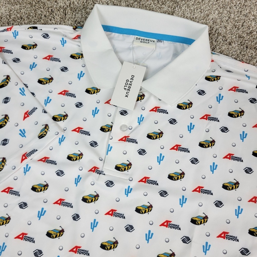 NWT Devereux Golf Mens 2XL White AOP Car Cactus Performance Stretch Polo SS